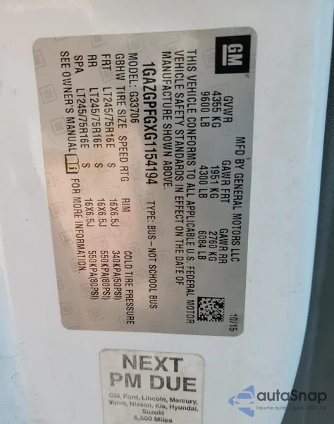 2016 Chevrolet Express G3500 Lt z USA, uszkodzony, nr VIN 1GAZGPFGXG1154194